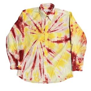 Vintage PERRY ELLIS Portfolio Oxford Button Up Shirt - Red & Yellow TIE DYE